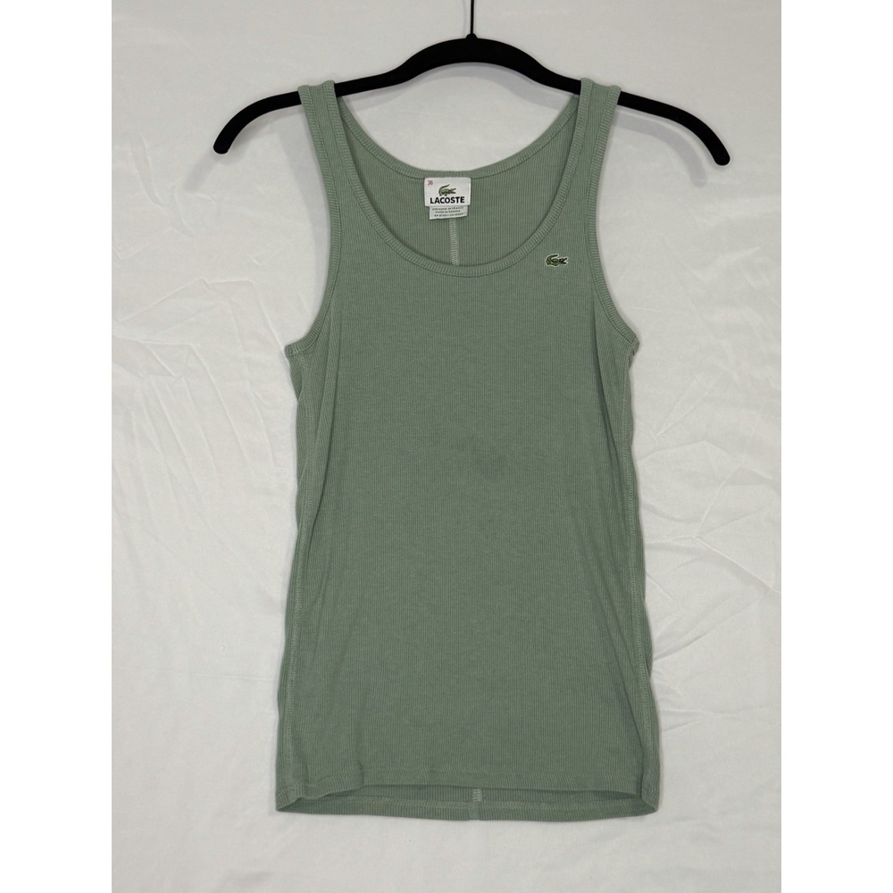 Lacoste Womens Tank Top Size 36 Green Ribbed Sleeveless Croc Logo Casual